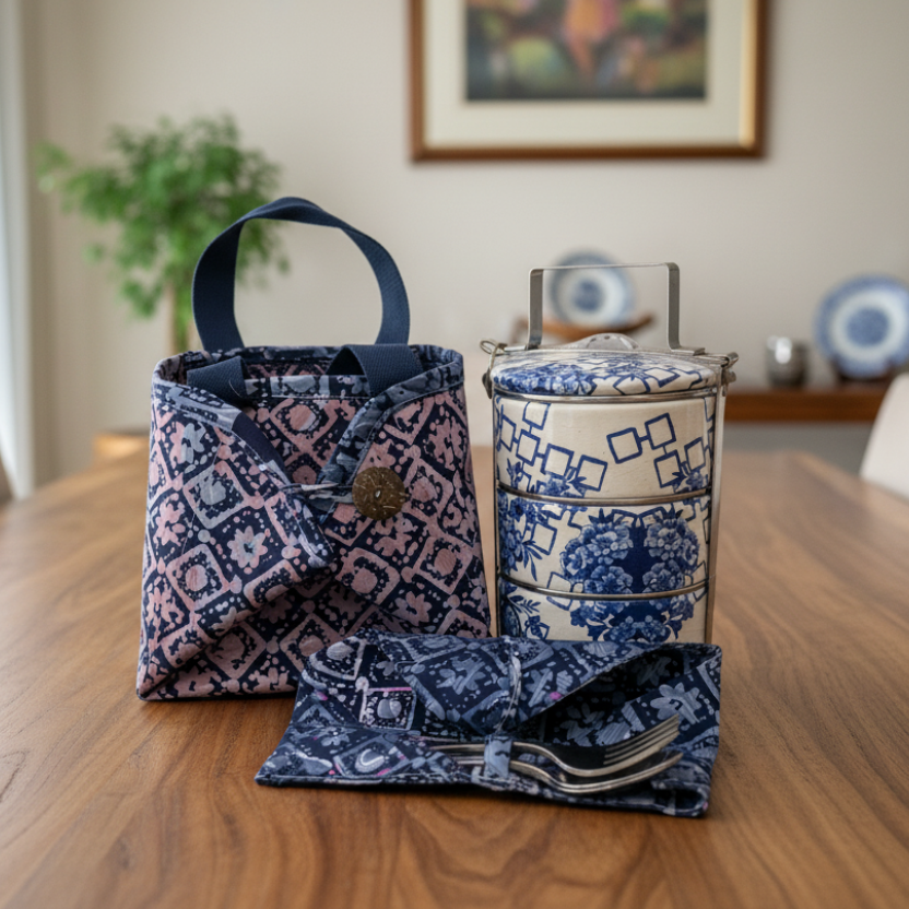 Decoupage 3-tier Tiffin with Batik Carrier