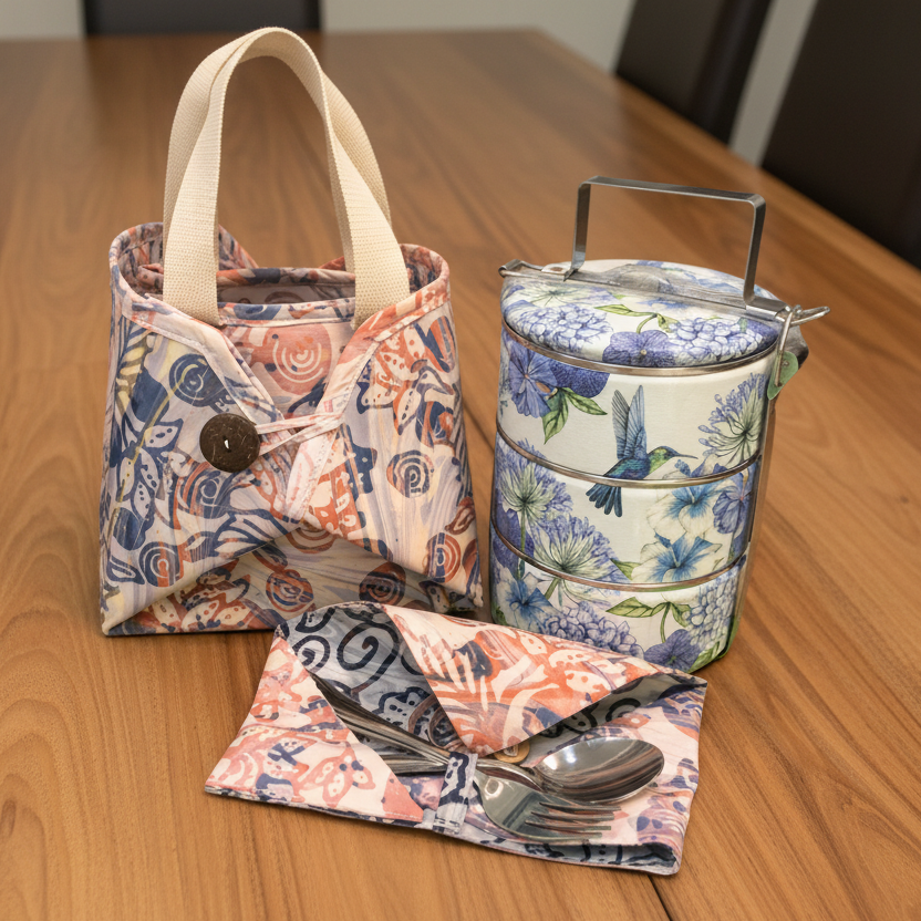 Decoupage 3-tier Tiffin with Batik Carrier