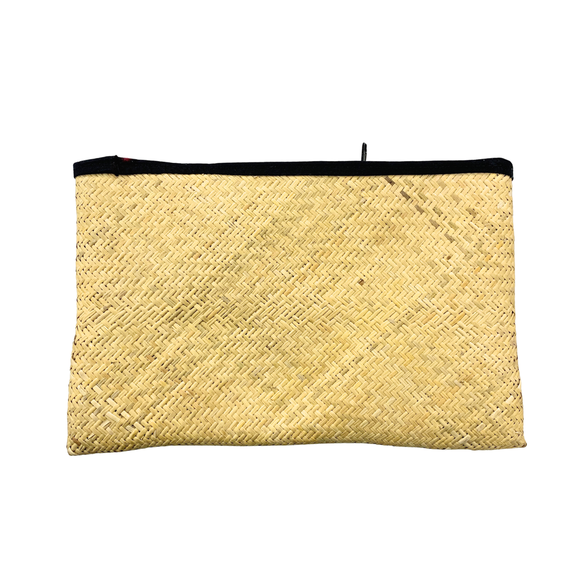 A rectangular woven straw clutch pouch with a black zipper closure, shown against a plain white background.