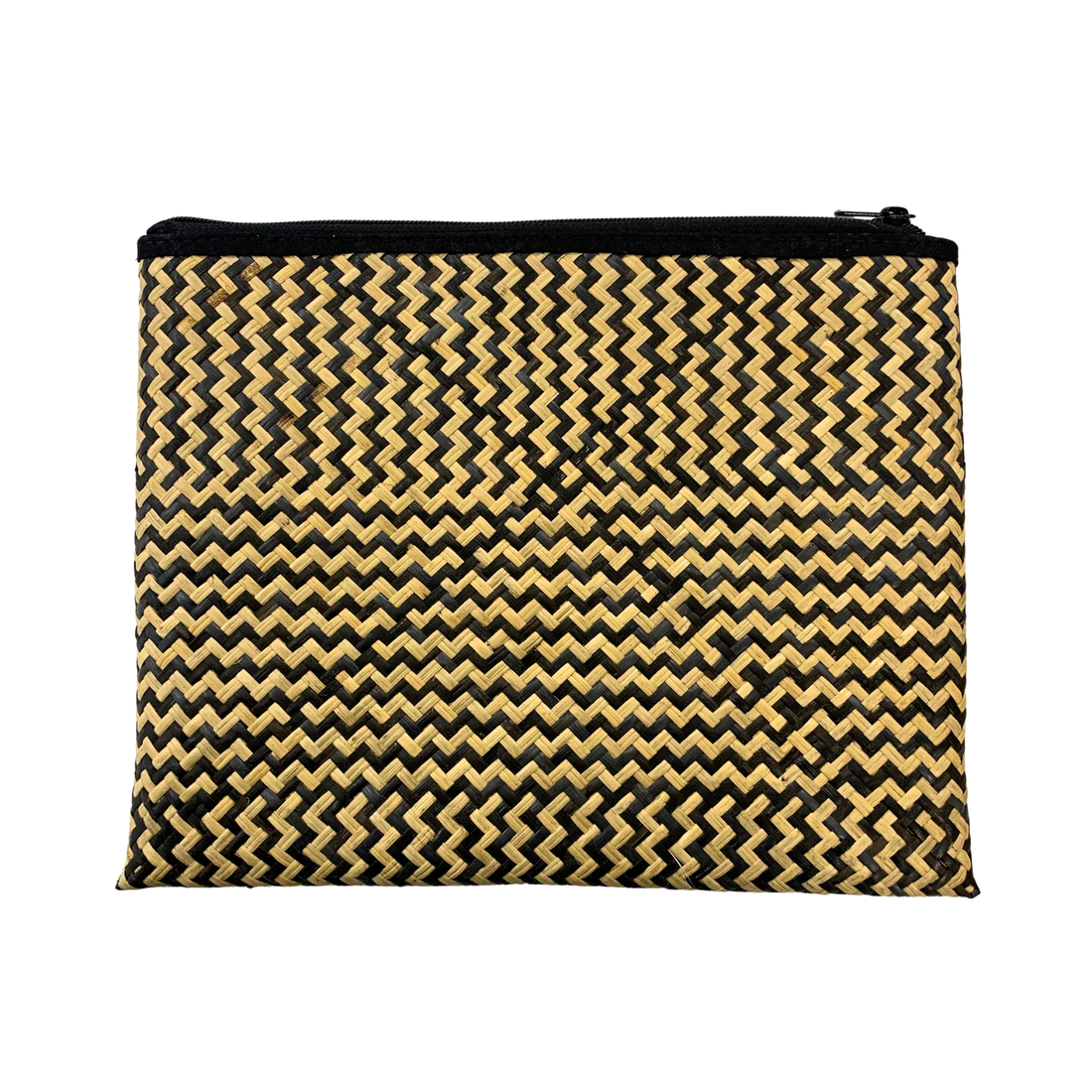 A rectangular zippered pouch featuring a black and tan woven chevron pattern, shown against a plain white background.